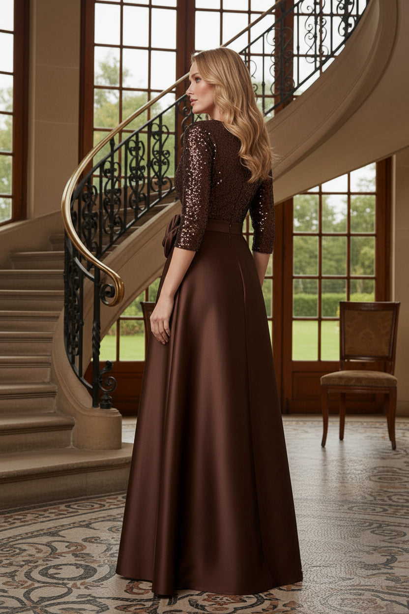 Sequin V-Neck A-Line Gown with 3/4 Sleeves