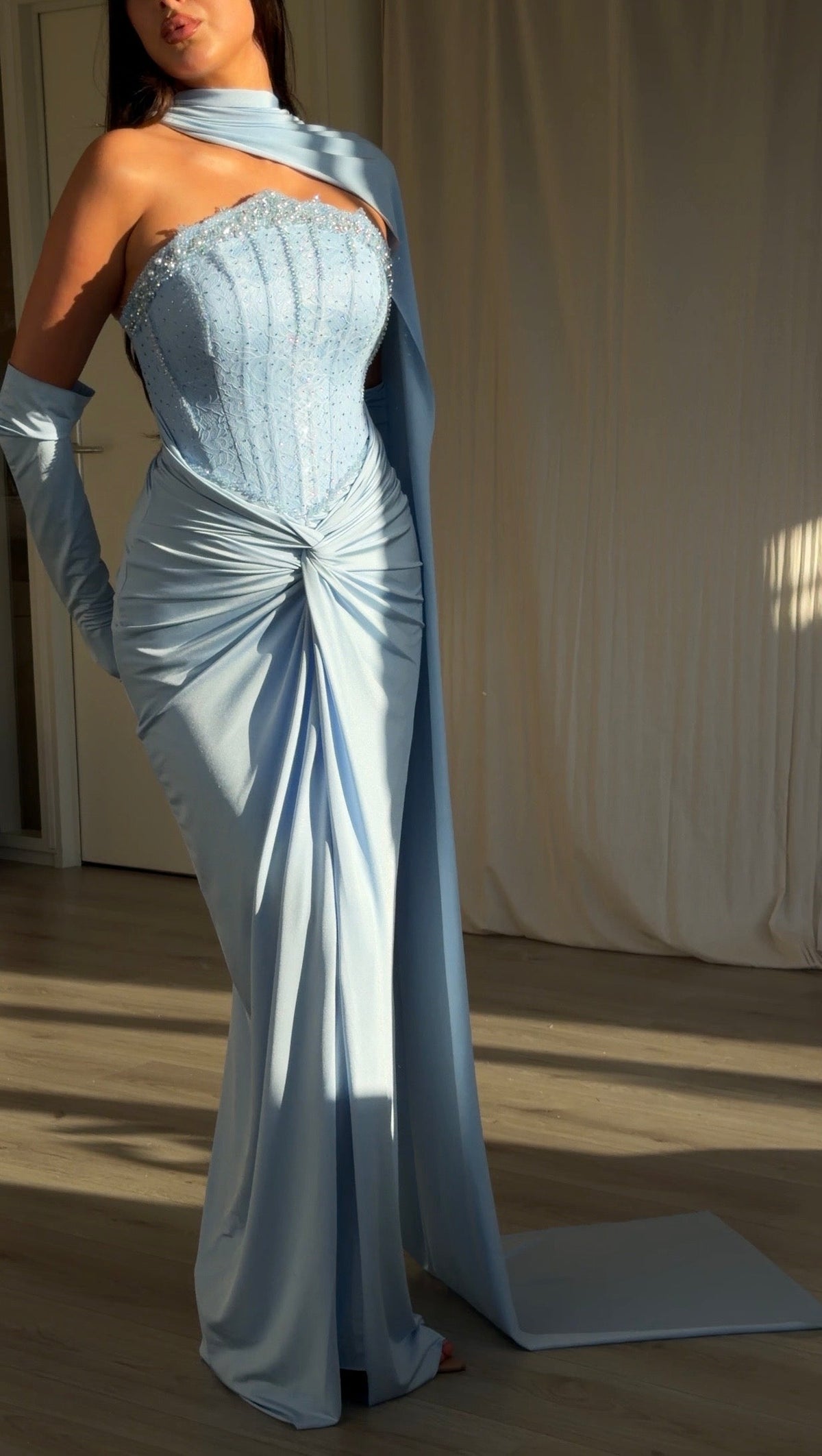 Beaded Corset Gown with Draped Cape and Gloves