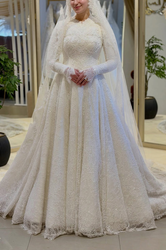 High Neck Long Sleeve Lace Ball Gown Wedding Dress