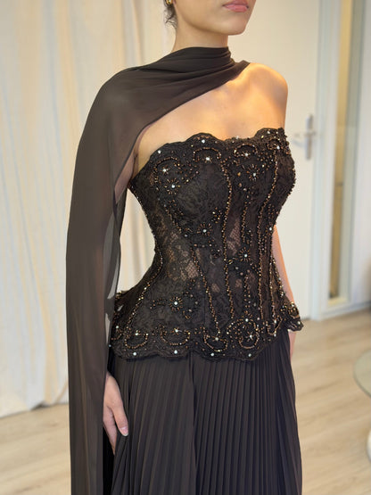 Corset Lace Evening Gown with Pleated Skirt