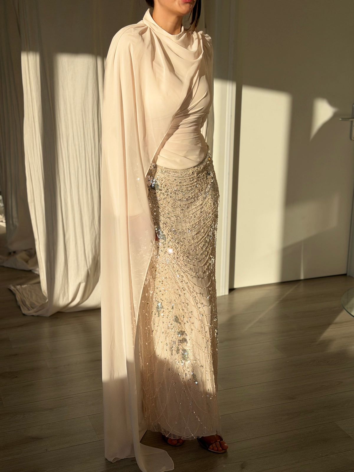 Draped High Neck Gown with Sequin Column Skirt