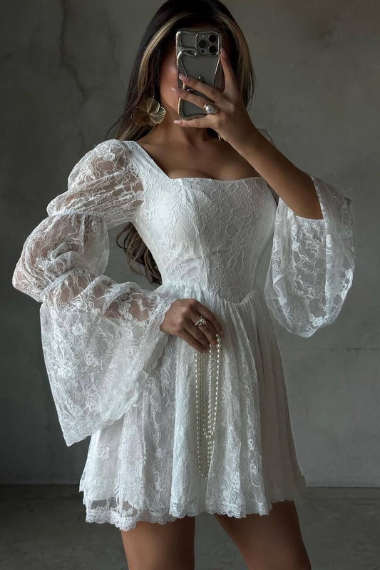 A-Line Square Neck Lace Mini Dress with Bell Sleeves