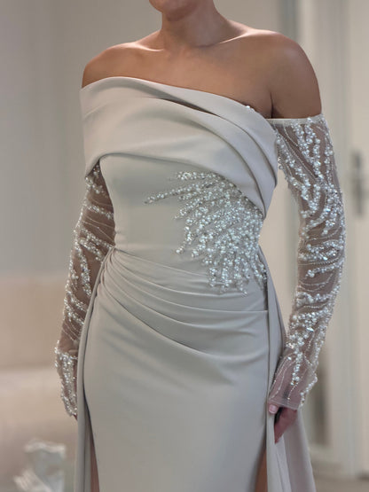 Off-the-Shoulder Ruched Gown with Embellished Sleeves