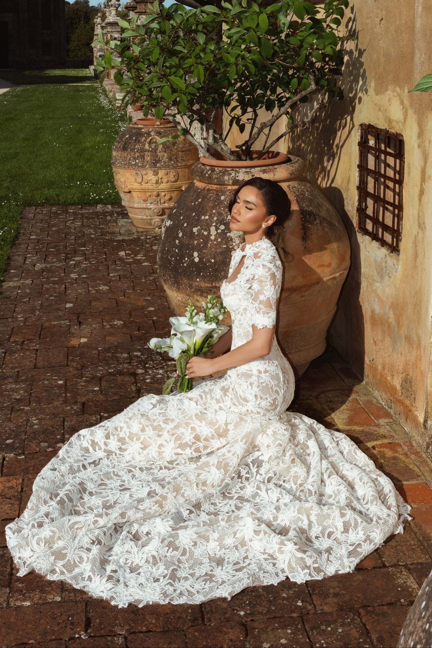 High-Neck Lace Mermaid Wedding Dress with Open Back