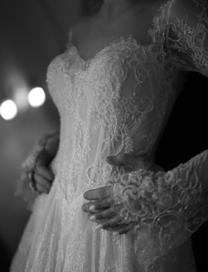 Glitter Lace Long Sleeve Corset Wedding Dress
