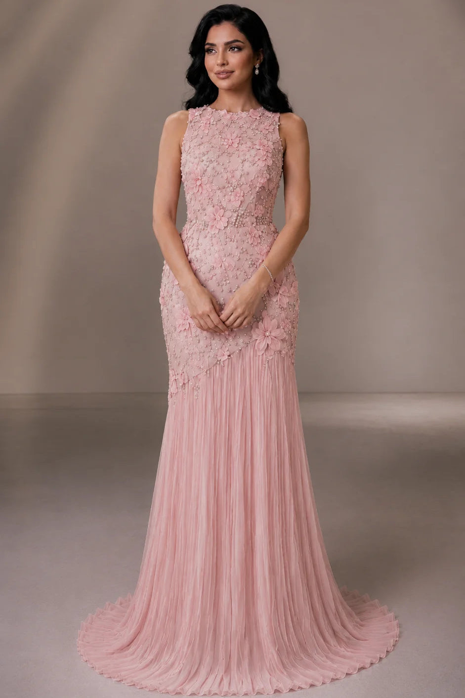 3D Floral Applique Mermaid Gown with Tulle Train