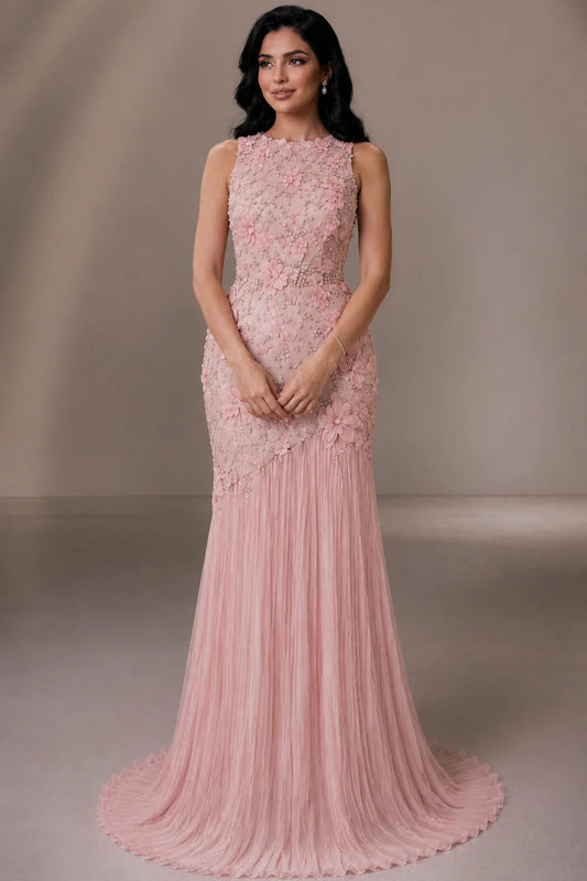 3D Floral Applique Mermaid Gown with Tulle Train