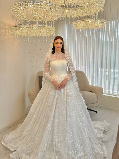 Illusion Long Sleeve Beaded Ball Gown Wedding Dress