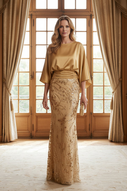Batwing Sleeve Sequin Floor-Length Evening Dress