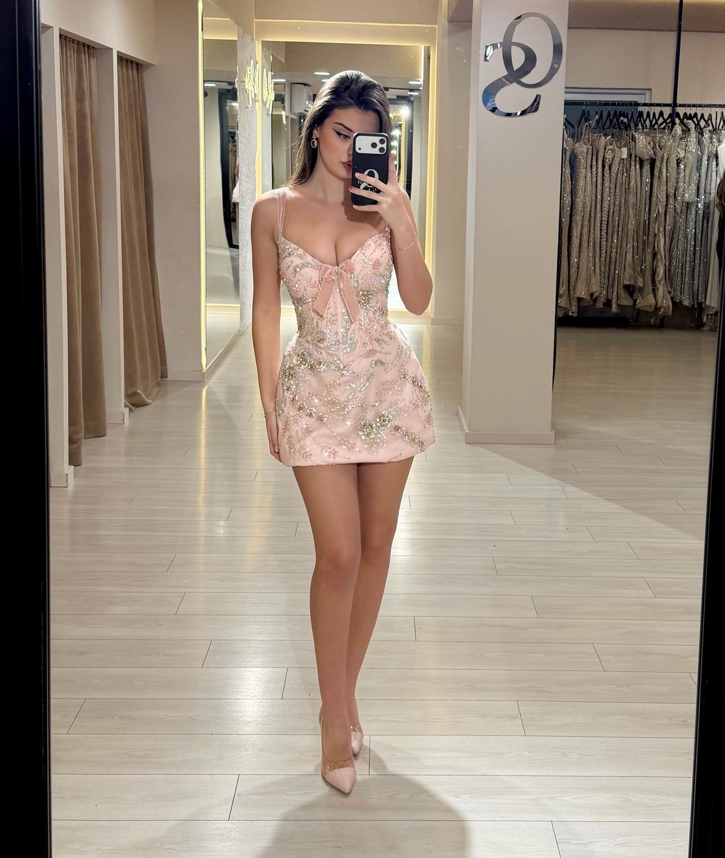 Crystal Beaded Corset Mini Dress with Bow