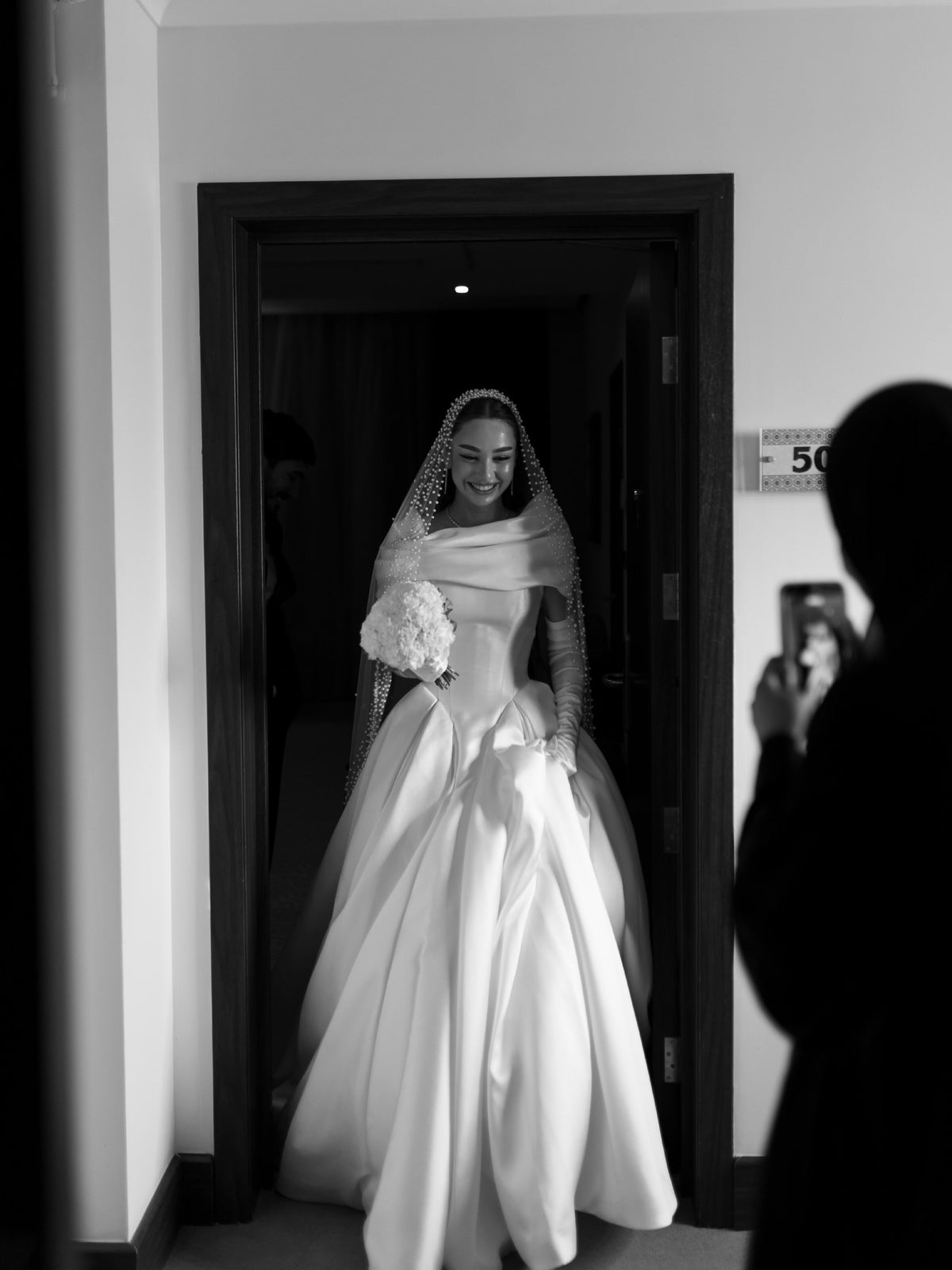Draped Shawl Neckline Satin Ball Gown Wedding Dress