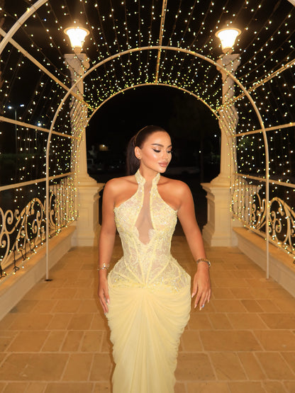 Halter Neck Corset Gown with Draped Skirt