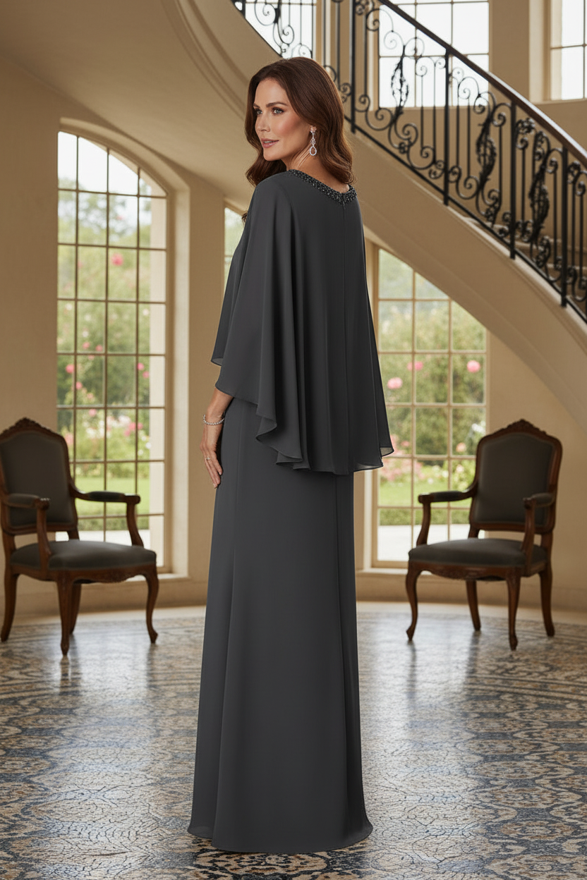 Beaded V-Neck Evening Gown with Flutter Cape Sleeves