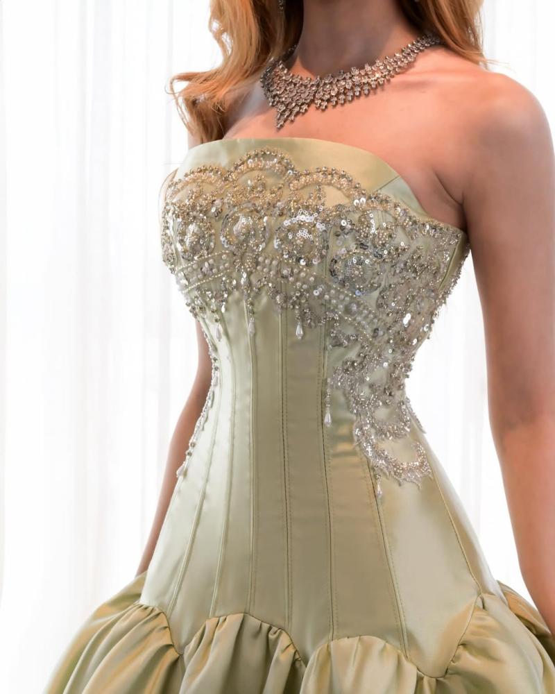 Strapless Beaded Corset Satin Ball Gown