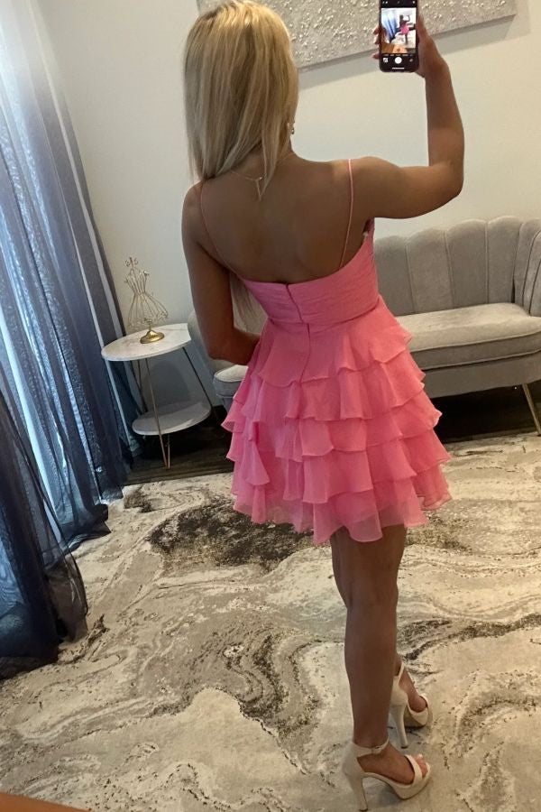 Sweetheart Tiered Chiffon Mini Dress with Bow