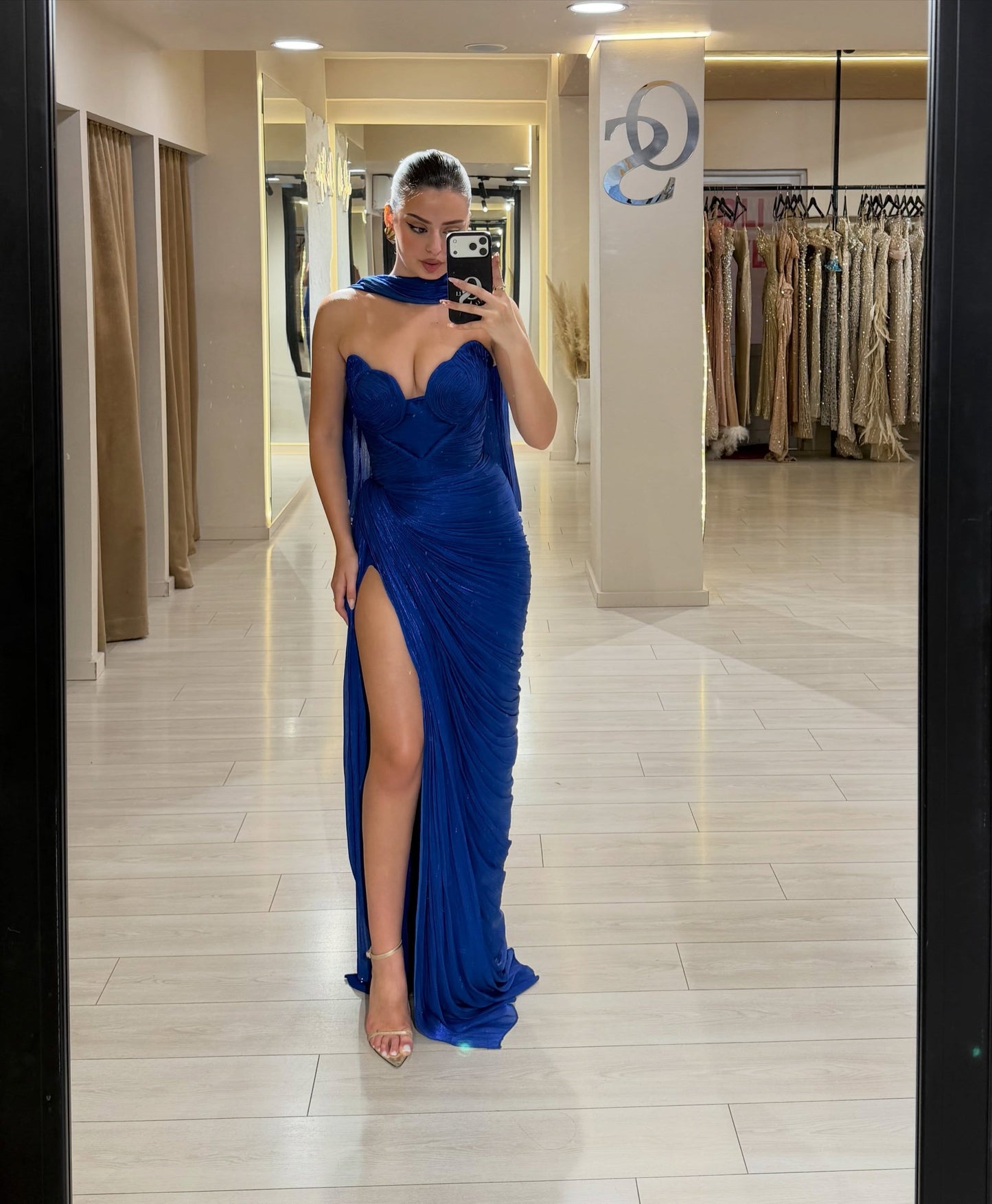 Strapless Sweetheart Ruched Evening Gown with High Slit