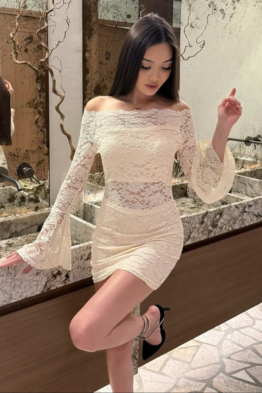 Off-the-Shoulder Lace Mini Dress with Bell Sleeves