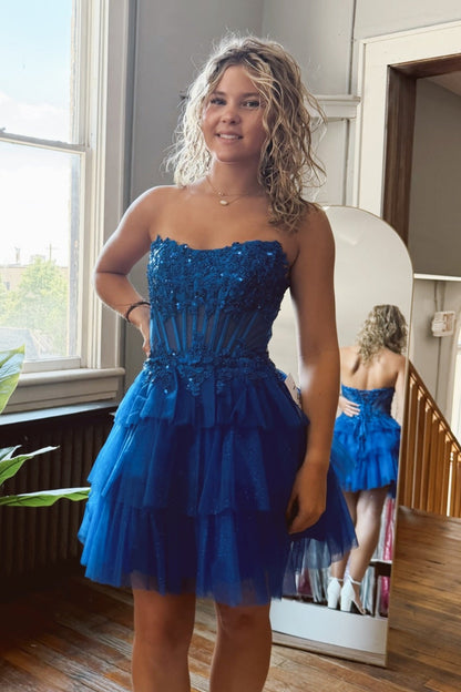 Strapless Tiered Tulle Short Dress with Corset Bodice