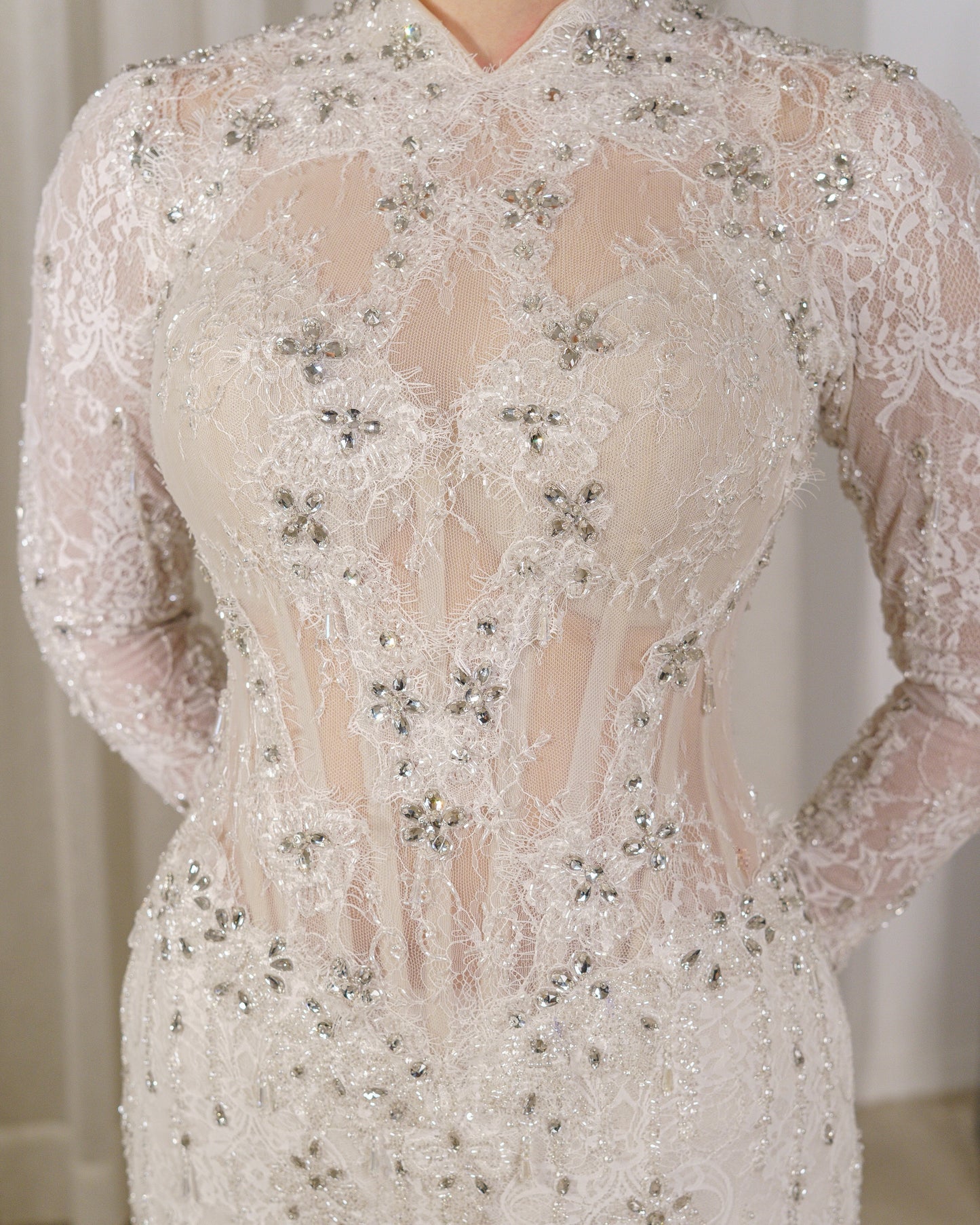 High Neck Long Sleeve Lace Wedding Dress with Overskirt