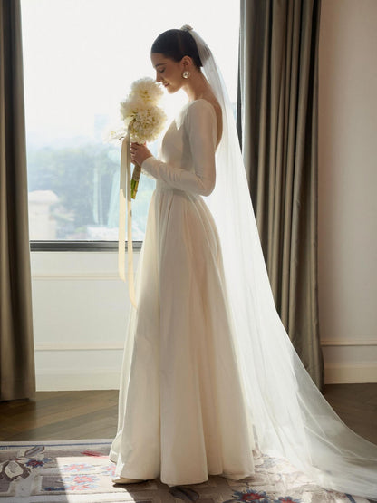 Minimalist Bateau Neck Long Sleeve A-Line Wedding Dress