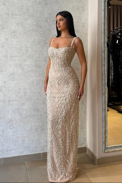 Heavily Beaded Corset Column Evening Gown