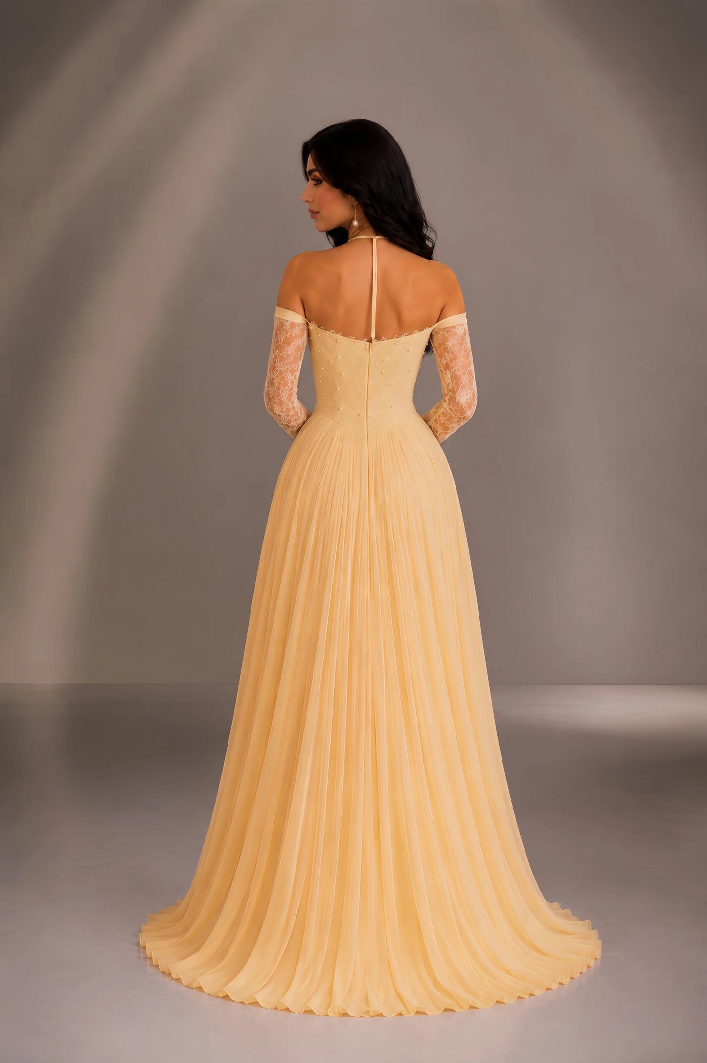 Off Shoulder Lace Sleeve Pleated A-Line Evening Gown