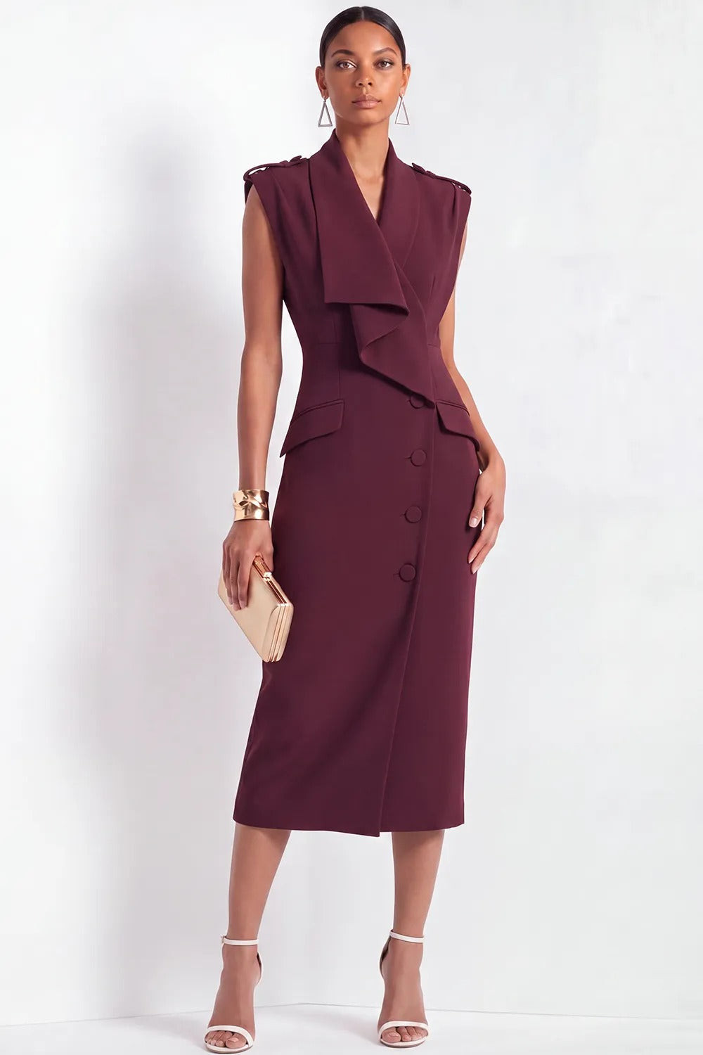Draped Lapel Sleeveless Midi Tuxedo Sheath Dress
