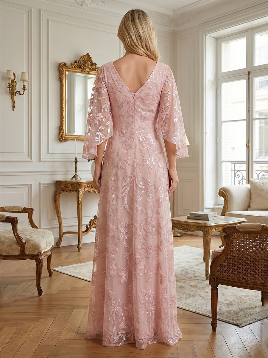 Embroidered A-Line Evening Gown with Flutter Sleeves