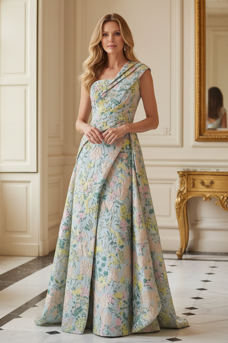 One Shoulder Floral Jacquard Evening Gown