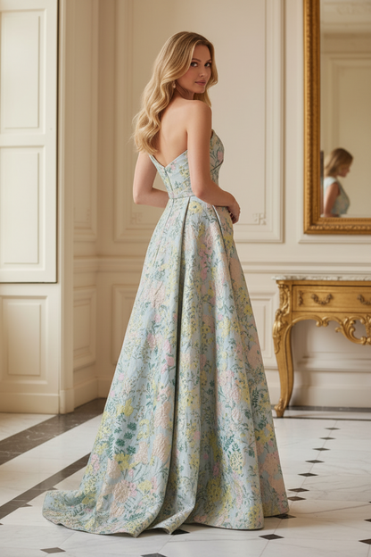 One Shoulder Floral Jacquard Evening Gown