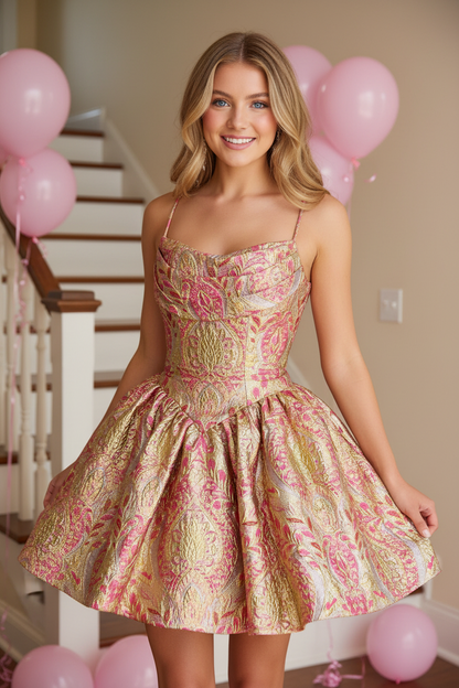Jacquard Corset Mini Dress with Bubble Skirt