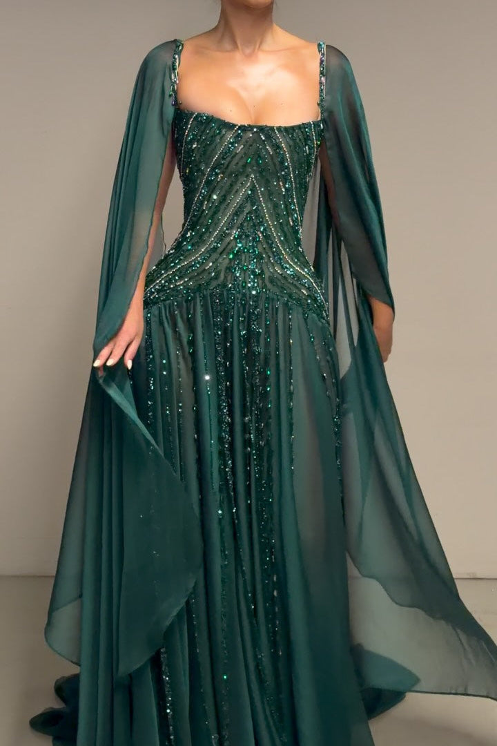 Beaded Corset Evening Gown with Cape