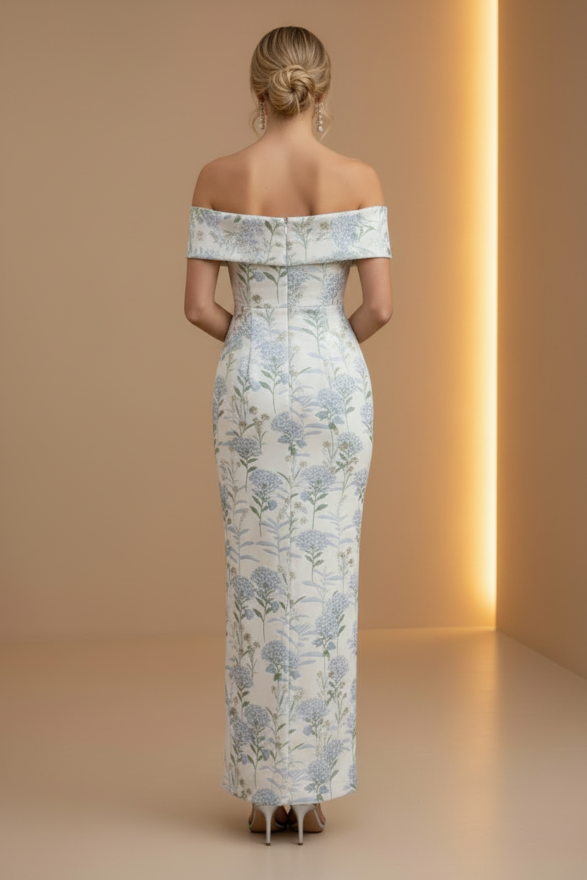 Off-the-Shoulder Floral Jacquard Column Gown
