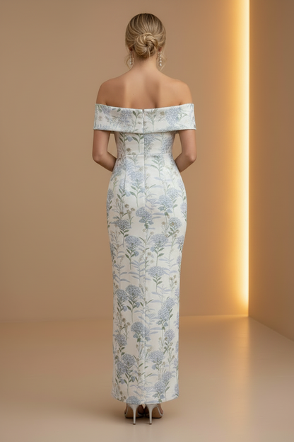 Off-the-Shoulder Floral Jacquard Column Gown