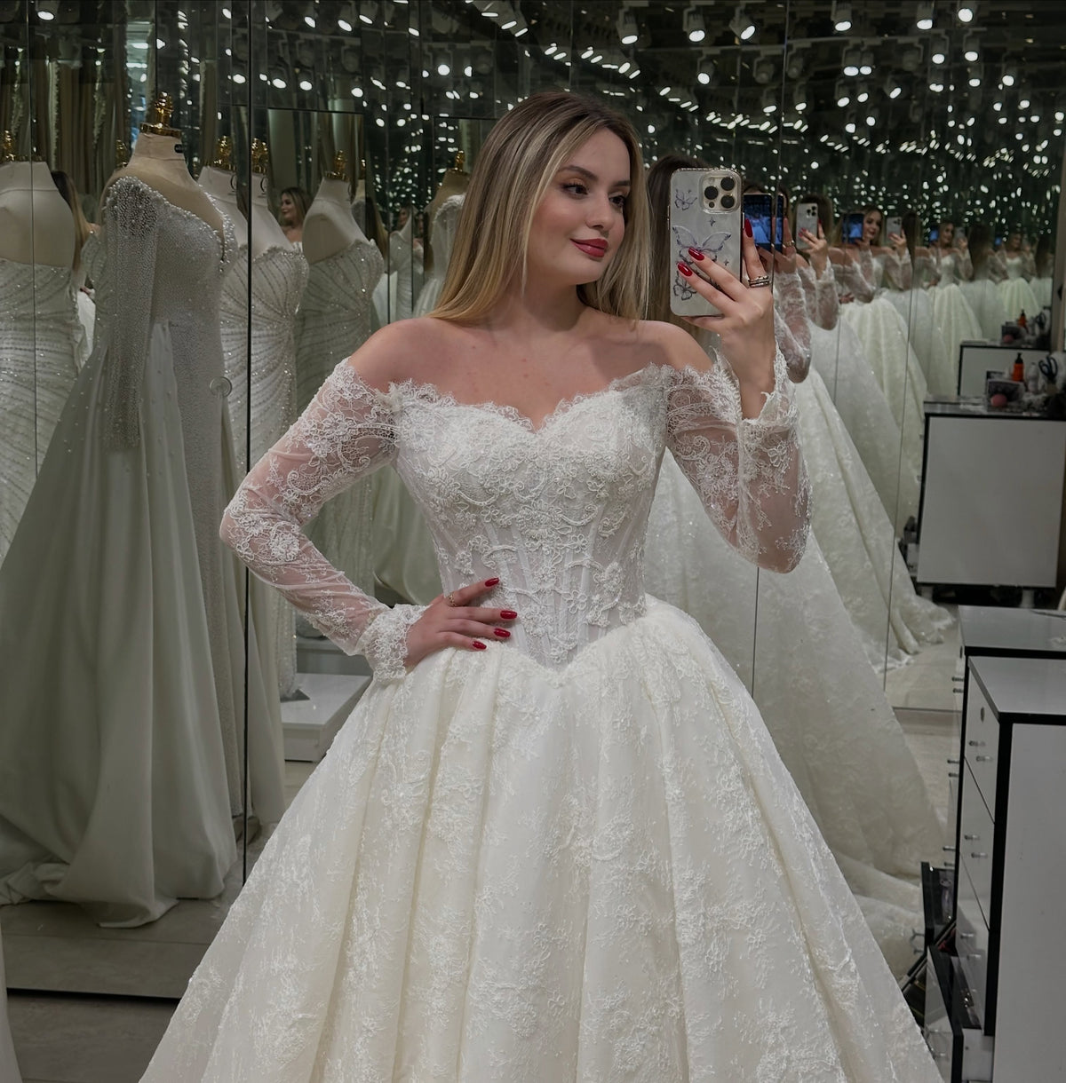 Lace Off-the-Shoulder Corset Ball Gown Wedding Dress