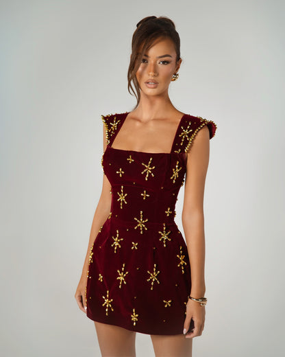 Velvet Mini Dress with Crystal Star Embellishments