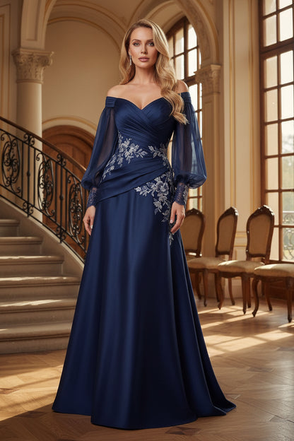 Off-the-Shoulder A-Line Gown with Bishop Sleeves