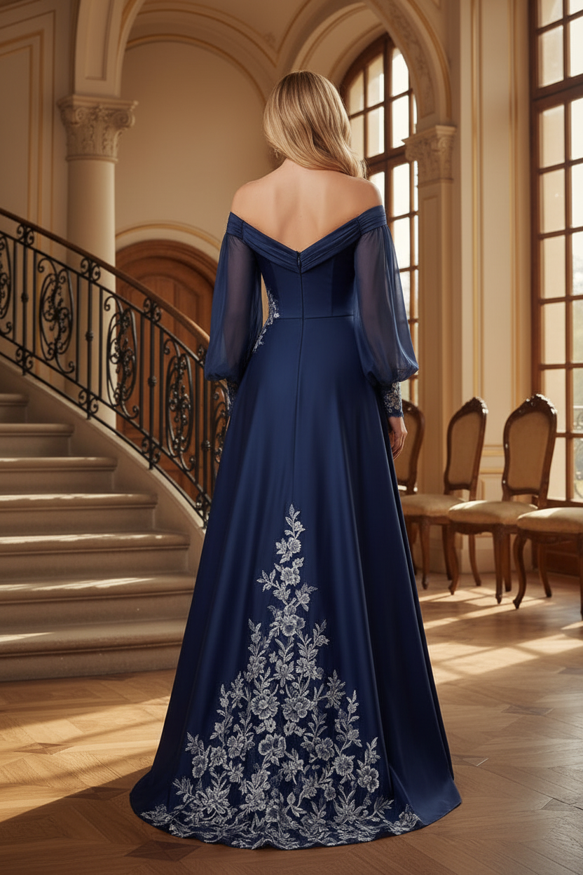 Off-the-Shoulder A-Line Gown with Bishop Sleeves