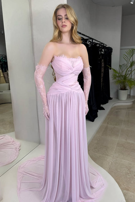 Strapless Ruched Lace A-Line Formal Gown