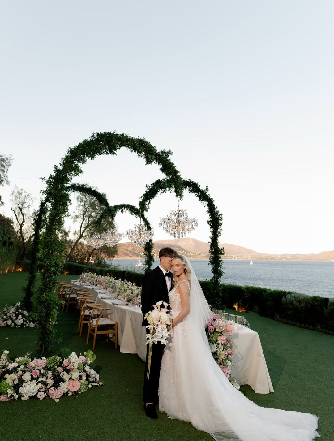Pearl Beaded Tulle Wedding Dress with Chapel Train