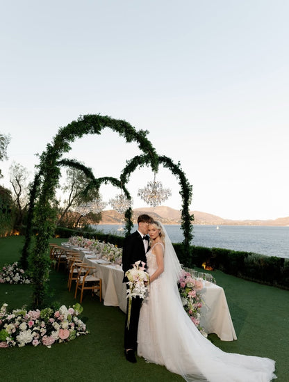 Pearl Beaded Tulle Wedding Dress with Chapel Train