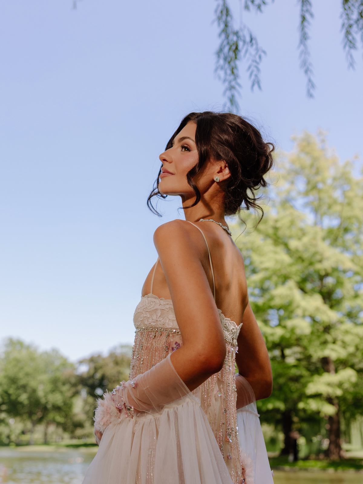 Beaded Fringe Column Gown with 3D Appliques