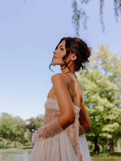 Beaded Fringe Column Gown with 3D Appliques