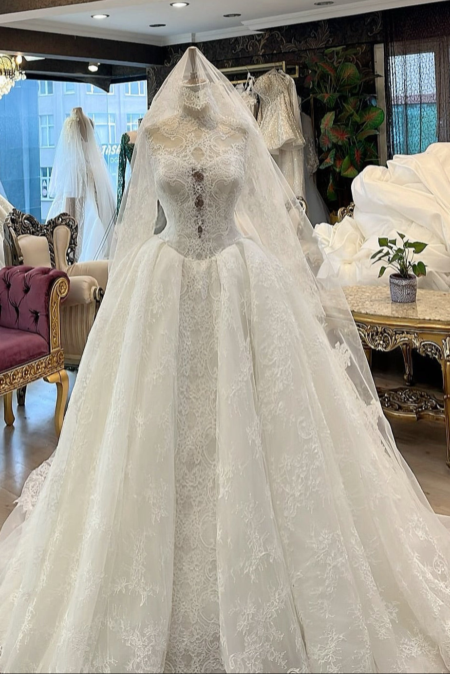 Lace High Neck Ball Gown Wedding Dress