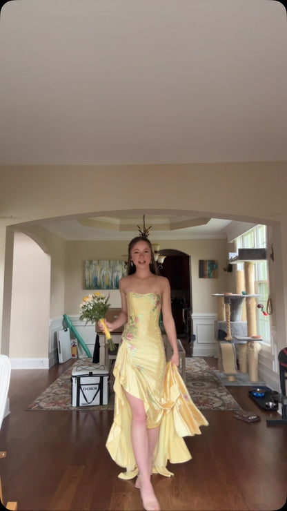Strapless High-Low Gown with Floral Embroidery