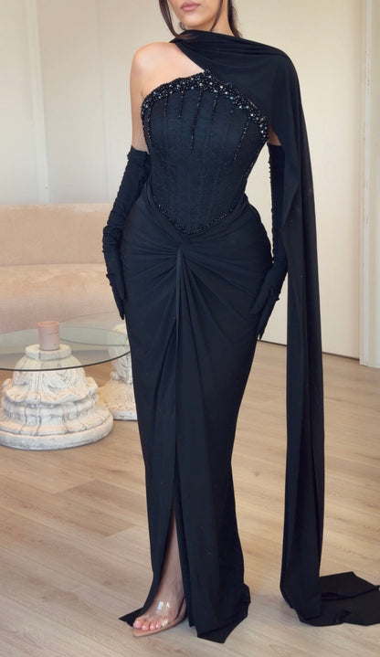Corset Evening Gown with One-Shoulder Cape