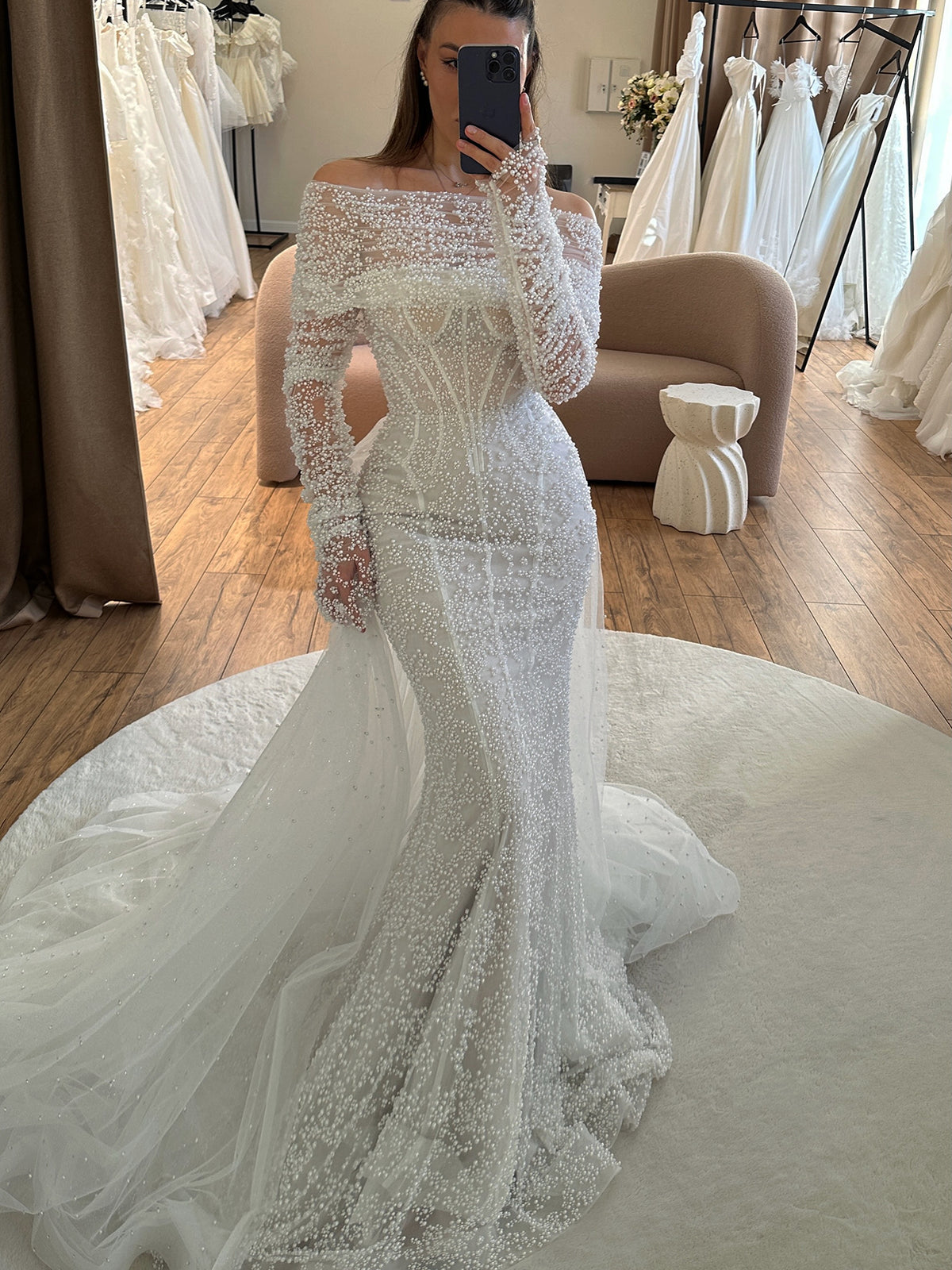 Off-the-Shoulder Pearl Beaded Mermaid Wedding Gown