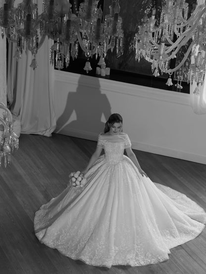 Off-the-Shoulder Illusion Lace Ball Gown Wedding Dress