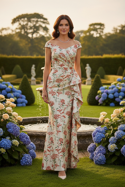 Off-the-Shoulder Floral Jacquard Evening Gown
