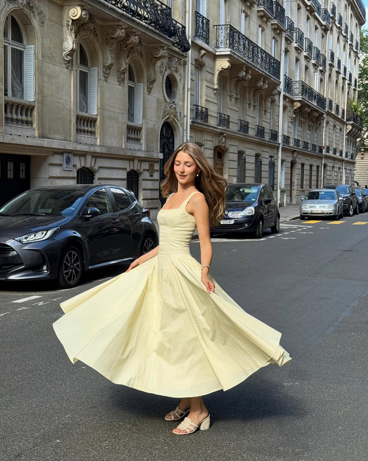 Vintage-Inspired Square Neck Cotton Midi Dress